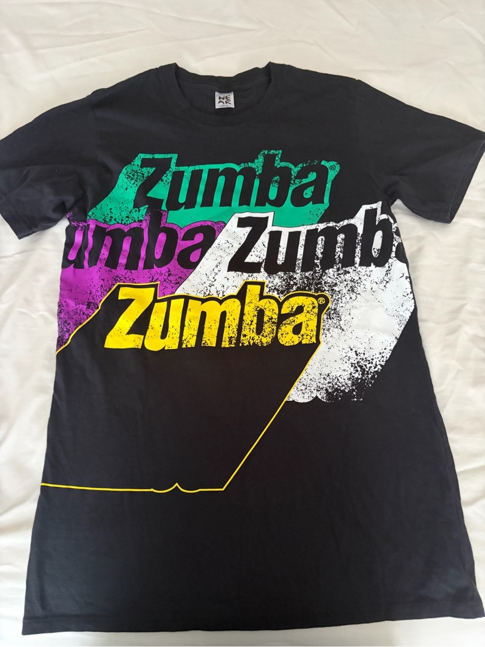 Zumba Fitness Black Tee with Yellow, Teal, Purple, White & Pink Graphics